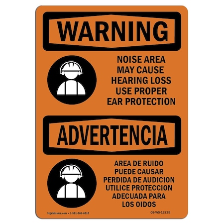 Signmission OSHA WARNING Sign, Noise Area Use PPE Bilingual, 24in X 18in Rigid Plastic, 24" W, 18" H, Landscape OS-WS-P-1824-L-12729